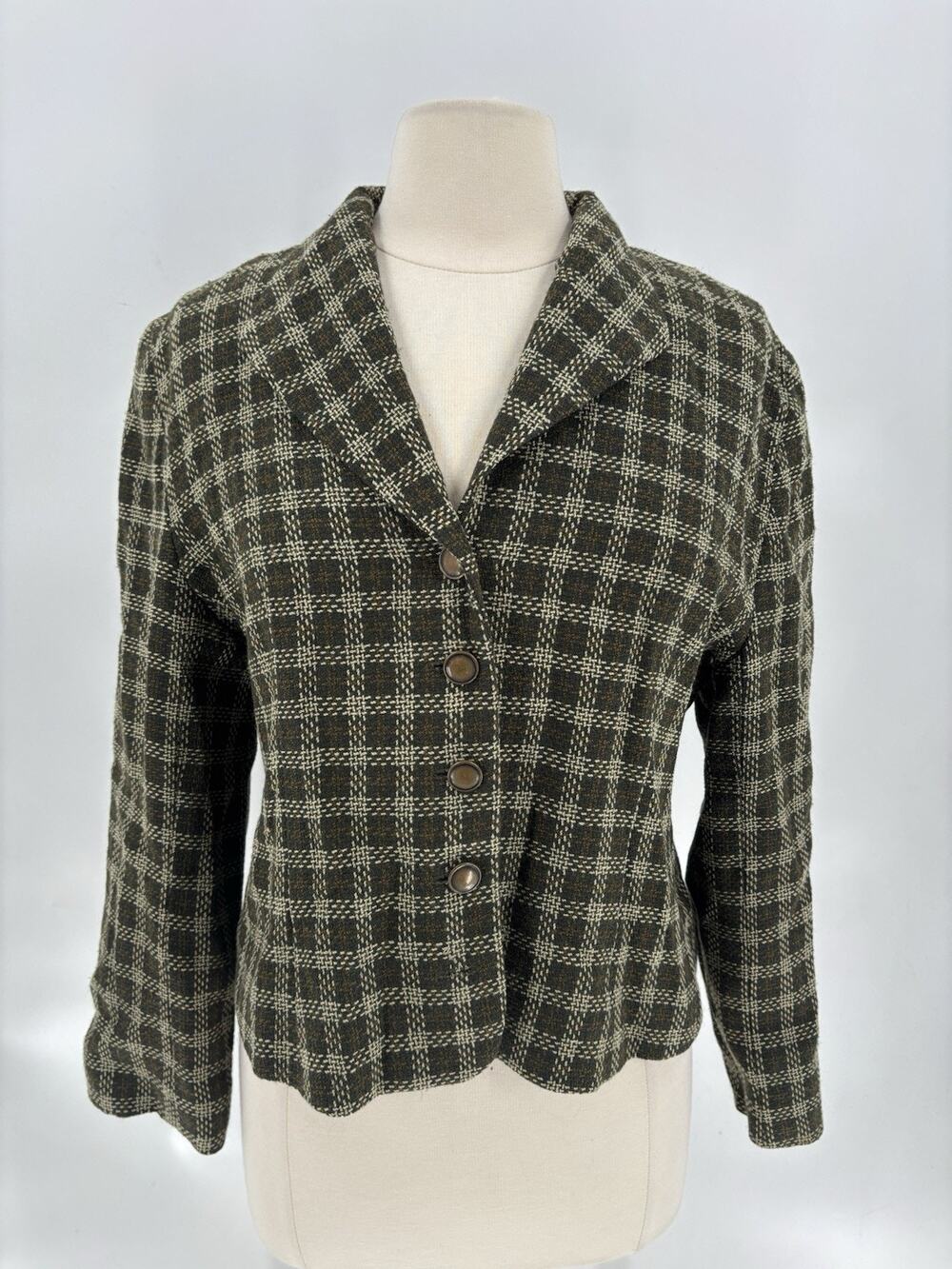 Vintage Louben Jacket Womens 14 Green Plaid Tweed Single Breasted Buttons 80s